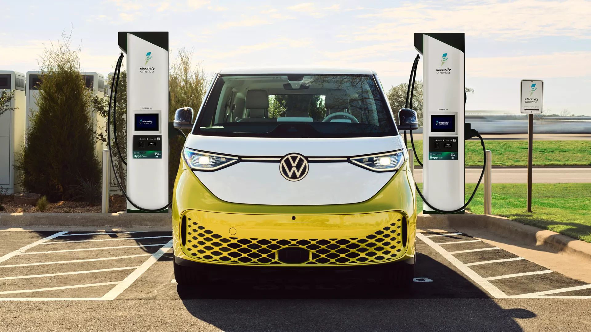 Volkswagen ID. Buzz charging at an Electrify America charging station