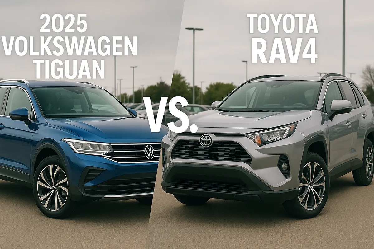 Side-by-side comparison image of two compact SUVs: the 2025 Volkswagen Tiguan (left) in metallic blue and the 2025 Toyota RAV4 (right) in silver. Both vehicles are parked outdoors on a dealership lot under an overcast sky. A large, bold "VS." text is placed between the two vehicles, with "2025 VOLKSWAGEN TIGUAN" labeled above the Tiguan and "TOYOTA RAV4" above the RAV4. The background shows parked cars and light poles slightly out of focus.