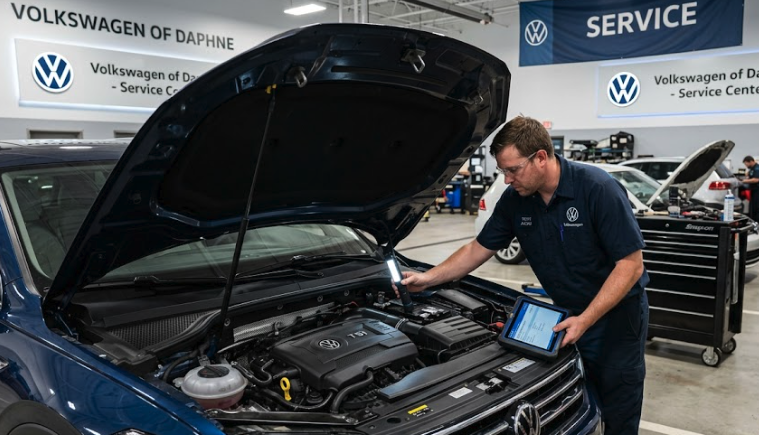 Volkswagen engine bay inspection at Volkswagen of Daphne service center