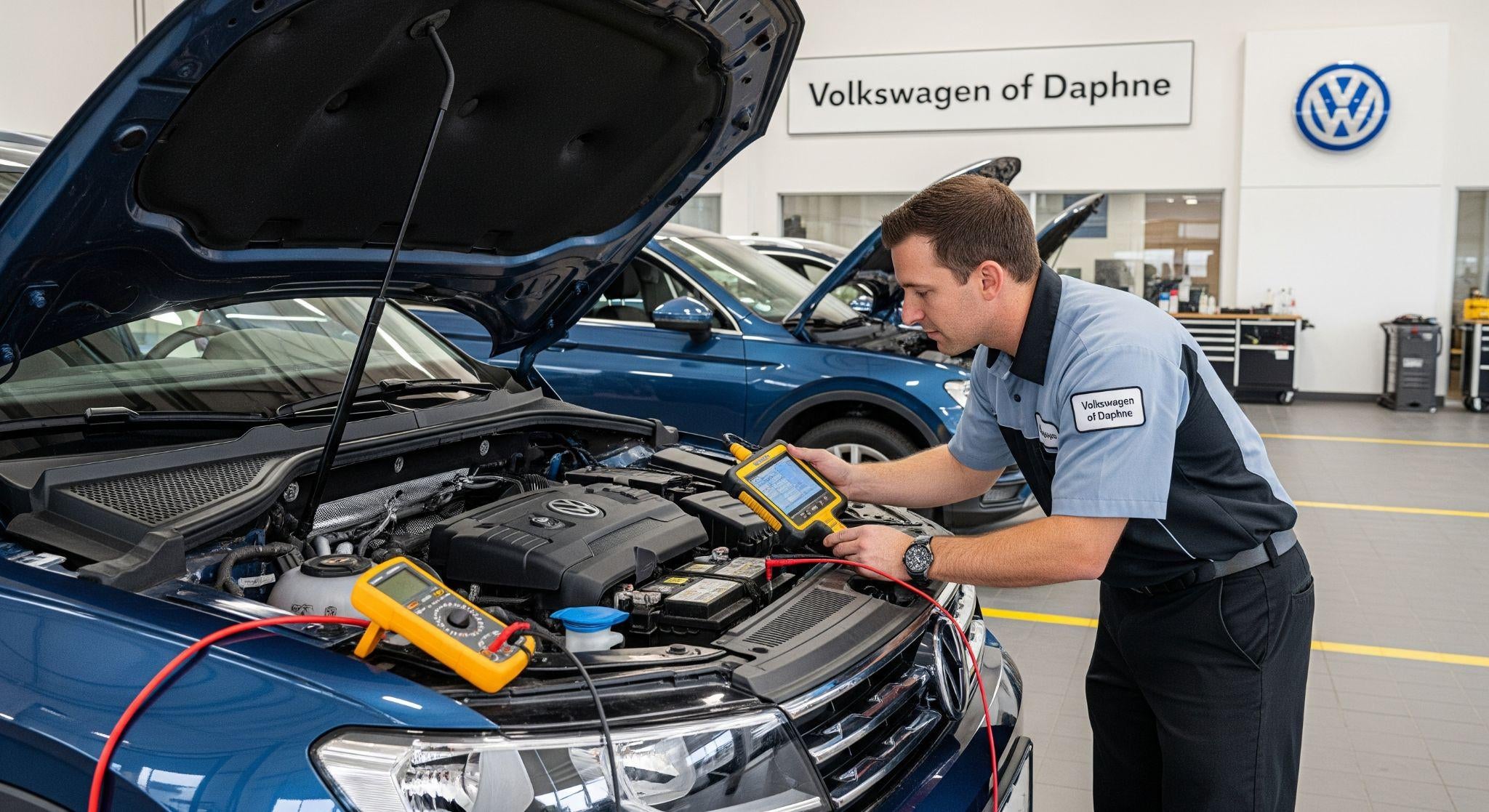 Certified technician testing a Volkswagen car battery at Volkswagen of Daphne service center, with hood open and diagnostic tools in use.